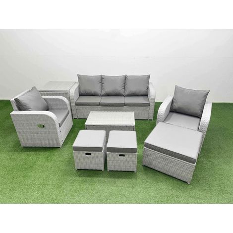 Fimous PE Rattan Garden Furniture Set Reclining Chair Sofa Lounge Sofa Set Oblong Coffee Table Side Table 3 Stools Light Grey (1/4)