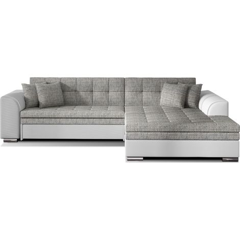 Canapé d'angle convertible tissu et simili LOOKA - Pieds métal chromé angle droit-Blanc/Gris chiné-angle droit (1/5)
