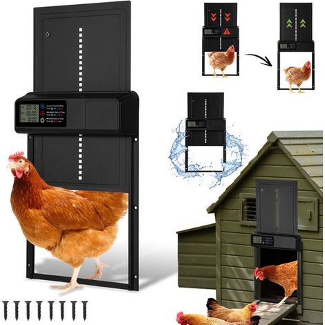 Automatische Hühnerklappe Automatische Kipptür Haustierklappe Hühnerstallöffner Timerfunktion Batterien enthalten Schwarz IPX4 LCD Display (1/5)