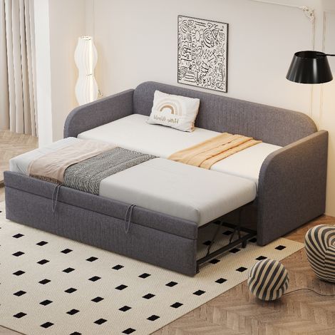Ausziehbares Polsterbett und Schlafsofa mit Lattenrost, erweiterbar von 90x190 auf 180x190 cm, Multifunktionsbett aus Leinenstoff, Grau (1/5)