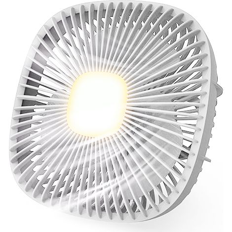 Wiederaufladbarer USB-Campingventilator mit 4 Geschwindigkeitsstufen, LED-Licht, 360°-Drehung, geräuscharm, ideal für Camping, Büro und Outdoor-Aktivitäten.