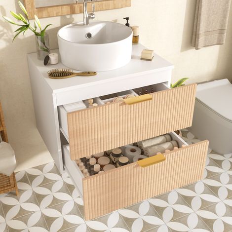Mobile lavabo sospeso 60 cm moderno effetto legno con lavabo rotondo in ceramica e 2 cassetti (1/5)