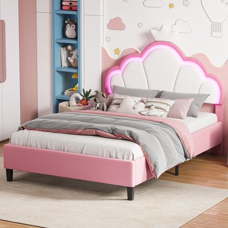 Lit enfant rembourré 140x190 cm Lit fille Lit capitonné en velours avec Tête de lit Princesse Couronne et Sommier à Lattes,Velours,Rose