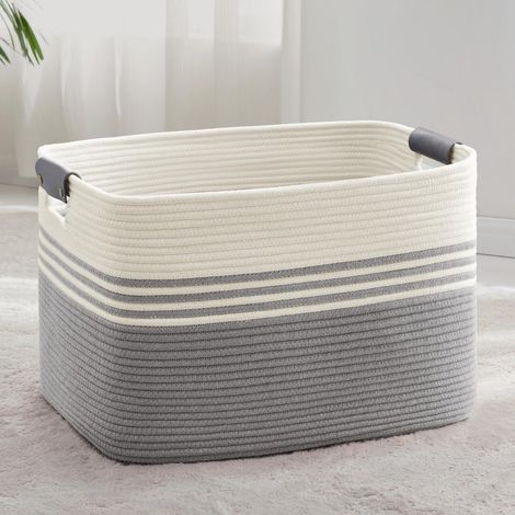 Panier à Linge en Coton Tressé XXL 86L avec Poignées en Cuir Blanc et Gris (1/5)