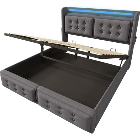 Letto contenitore 180x200 cm in tessuto grigio con testiera LED, USB-C, legno e metallo (1/5)