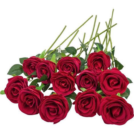 12 Pièces Texture Veloutée Fausses Fleurs Roses rouges, Bouquet Fleurs Artificielles Naturelles et Réelles, 19.29in Roses Artificielle pour Bouquets de Mariée, Home, Mariages, Décorations de Fête (1/5)