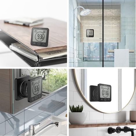 Badezimmeruhr, wasserdichte Duschuhr mit Touch-Bedienung, digitalem LCD-Alarm, Thermometer/Hygrometer, Countdown-Timer, batteriebetrieben, für Kosmetikküche (Schwarz) (1/4)