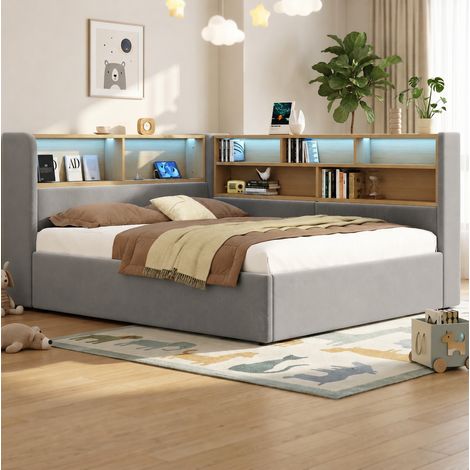 Etagenbett 140/190 cm en terciopelo gris con almacenaje hidráulico, LED y USB/USB-C (1/5)