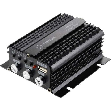 RF-CMP-202 100W 2-channel car stereo amplifier with Bluetooth® and USB player, volume/bass/treble controls
