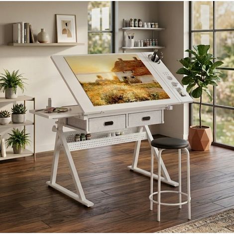 Table de dessin réglable 98x60x68-91 cm en MDF et métal blanche, avec tabouret pour bureau – MEUBLIV (1/5)