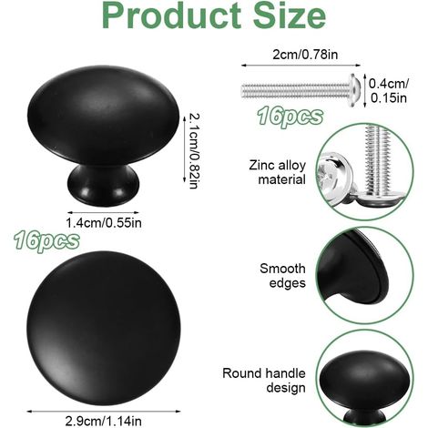 16 maniglie per mobili con 16 viti, maniglie per mobili nere da 30 mm, maniglie per mobili rotonde, adatte per cucine, armadi, cassetti, tolette, porte e mobili. (1/4)