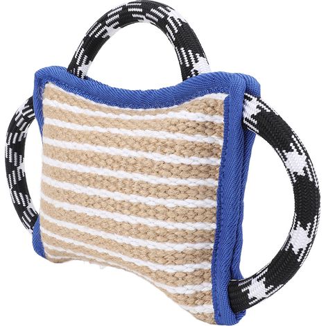Coussin à mâcher avec 3 poignées robustes, en jute résistant aux déchirures, jouet interactif à mâcher et à tirer pour chien adulte, bleu (1/5)