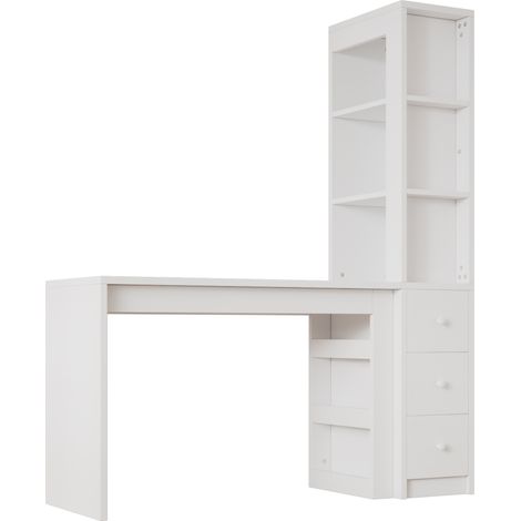 Scrivania con scaffalatura, 3 cassetti e vano laterale, bianco, 150 x 50 x 180 cm, HOMVRA (1/5)