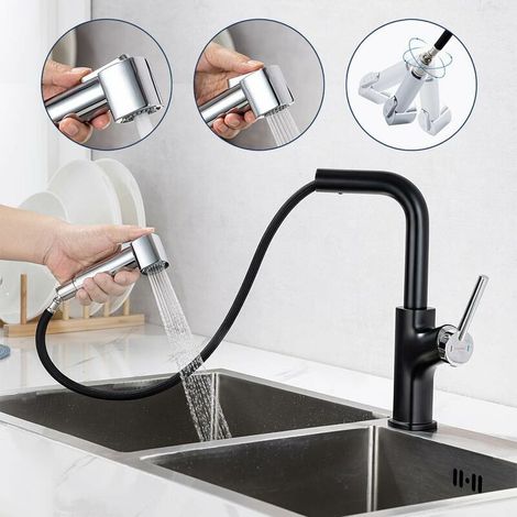 Küchenarmatur mit ausziehbarem Brausekopf, Doppelbrausekopf für das Spülbecken, hohem Auslauf, 360°-Drehung und abnehmbarem Luftsprudler.