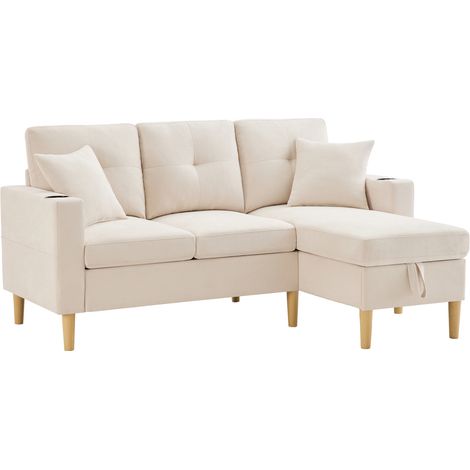 Canapé L-shaped modern 3-seater avec chaiselongue Cotton Linen Beige L175 × W129 × H90 ZIPSOFA (1/5)