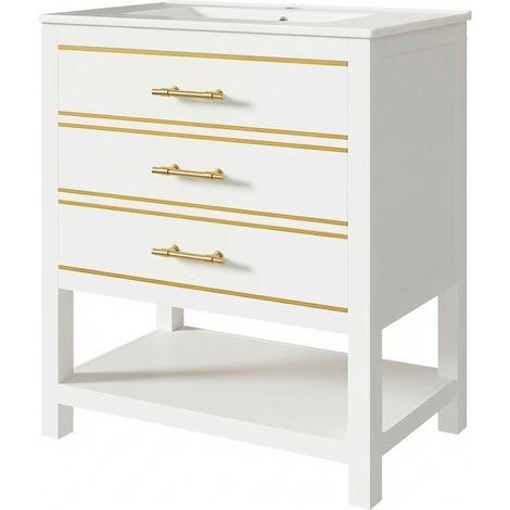 Mueble de baño blanco exento con lavabo cerámico, 2 cajones y hueco abierto, 76 cm (1/5)