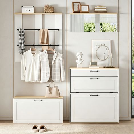 Ensemble de vestiaire blanc et bois en MDF avec armoire à chaussures, tiroir, miroir et penderie pour entrée, couloir et salon (1/5)