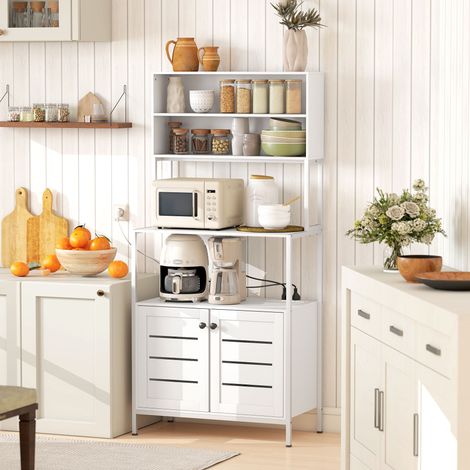 Estantería de cocina/mueble para microondas con regleta, puertas dobles con rejilla, compartimentos abiertos, 80x42x171cm, blanco