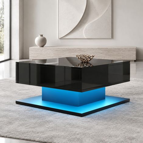 Schwarzer MDF-Couchtisch 72x72x35 cm mit Hebeplatte und LED – MEUBLIV (1/5)