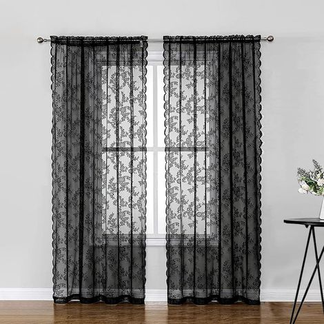 - Lot de 2 rideaux en dentelle - Motif floral - Pour chambre à coucher, salon, gaze, style rétro, vintage, 150 x 200 cm (l x h) - Noir (1/5)