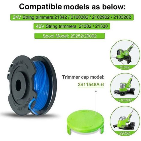 Bobine de coupe-bordures compatible avec Greenworks 20 V, 24 V, 40 V, 80 V – Lot de 4 bobines + 1 bouchon pour tondeuse à gazon (1/3)