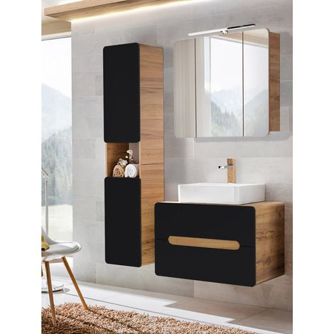 Badmöbel-Set mit Keramik-Waschbecken NEW-LUTON seidenmatt anthrazit mit Wotan Eiche Nb., B/H/T ca. 130/200/46 cm (1/5)