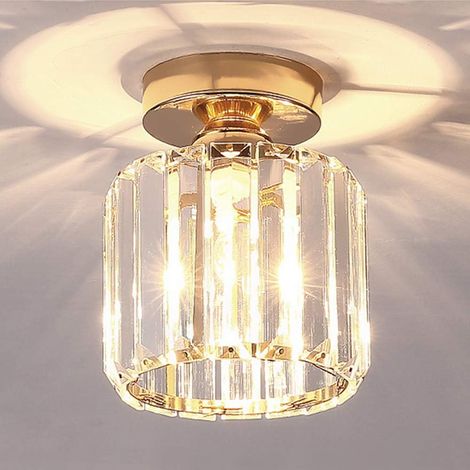 Plafonnier en cristal E27, mini lampe de couloir moderne en cristal noir, plafonnier intérieur E27 à montage en surface pour salle de bain, cuisine, porche, escalier, balcon (style doré A)