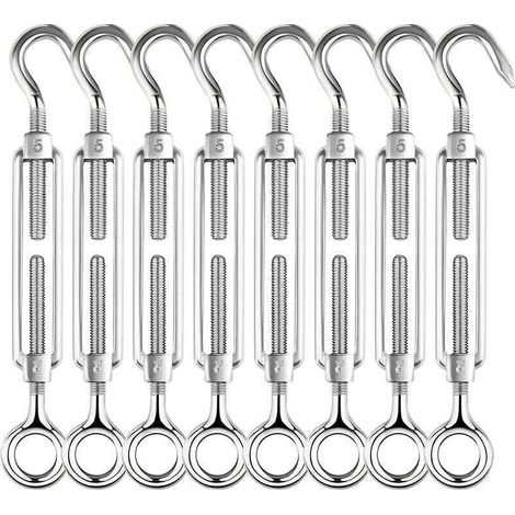 Tenditore in acciaio inox M4, 8 pezzi Tenditore a gancio e occhiello in acciaio inox 304, tenditore per cavi/fili, tenditori per stendibiancheria - Crezuo