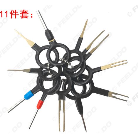 Kit d'outils de 11 pièces pour l'extraction des broches des bornes de faisceau de câbles automobiles, avec manchon en caoutchouc pour retirer les bornes de faisceau de câbles.