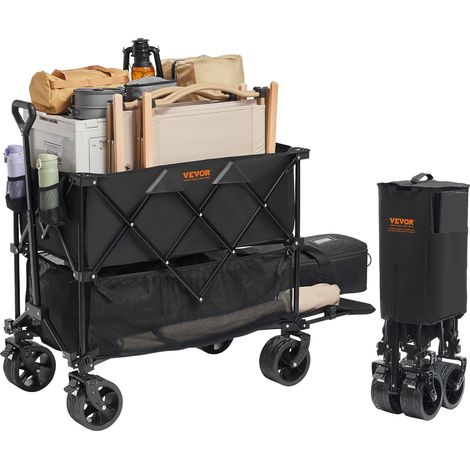 Chariot de Jardin Pliable, 400 L Chariot de Transport de Plage à Deux Étages Charge Max 204 kg avec Roues Tout Terrain, Chariot de Sport Robuste pour Camping, Shopping, Jardin, Extérieur, Noir (1/5)