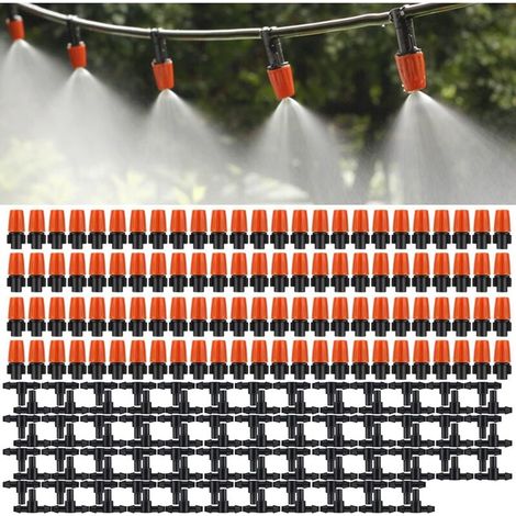 Pack of 100 Adjustable Flow Micro Sprayers for Garden Irrigation, Misting Heads with 3-Pack Drip Irrigation Misting Kit (Orange)
