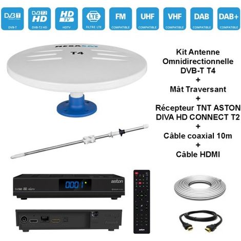 Kit Antenne Omnidirectionnelle DVB-T T4 + Mat Traversant + Récepteur TNT ASTON DIVA HD CONNECT T2 + Câble coaxial 10m + Câble HDMI (1/5)