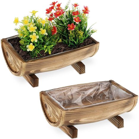 Jardinière Bois, Lot de 2, bac à Fleurs, 12,5 x 29,5 x 20 cm, extérieur et intérieur, Film Plastique, Brun (1/5)