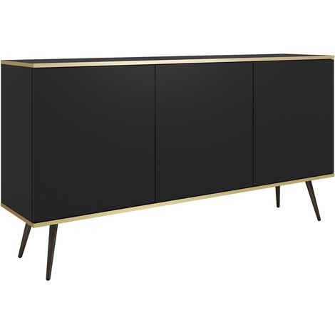 Buffet 160 cm, 3 portes, 6 étagères, ouverture push-to-open, Noir, pieds noirs, 160 x 39 x 85 cm (1/5)