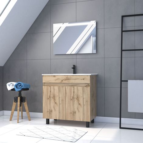 Mueble de baño 80x80 -Acabado Roble - Lavabo Blanco+ Espejo Led- TIMBER 80 - Pack26 (1/5)