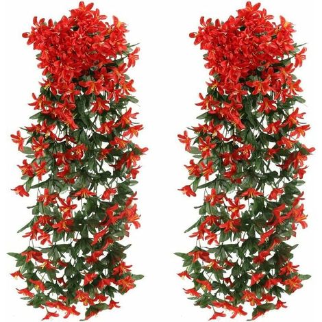 Lot de 2 plantes artificielles, lierre rouge, lys, suspension rotin, décoration extérieur, intérieur, mariage, balcon (1/5)
