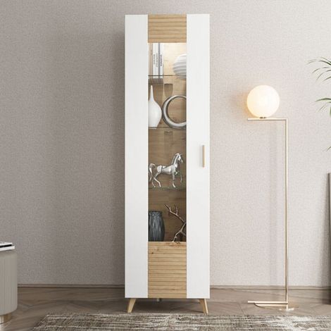 Vitrina Camastra, Mueble Expositor un Estante, Apertura de Puerta Batiente, Una Puerta, 58x35x202,5h cm Roble Marrón Nudos (1/5)