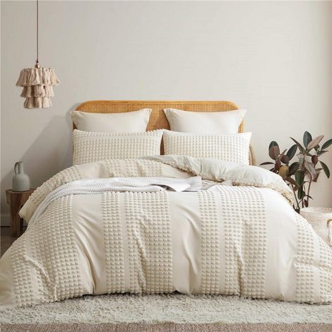 Bettwäsche-Set 135x200cm Beige mit Tufting-Stickerei im Boho-Stil
