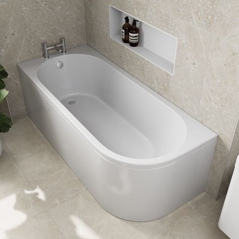 J Shaped Shower Bath Left Hand Bathtub 1700mm with Front Panel Acrylic Modern (1/5)