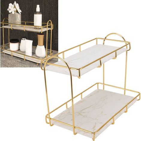 2-Tier Large Capacity Waterproof Gold Metal Cosmetic Storage Shelf for Bathroom, Kitchen, Bedroom (1/5)
