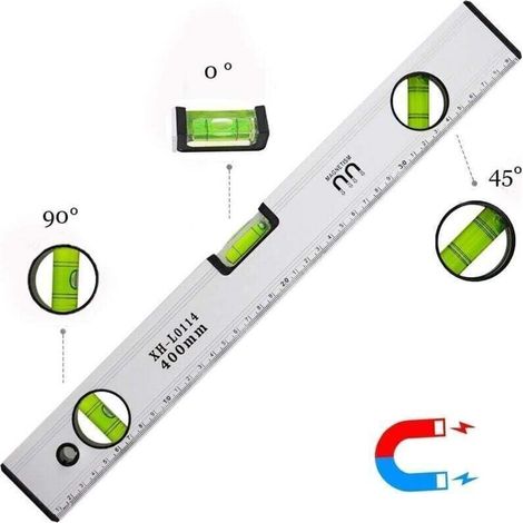Livella a bolla da 40 cm, magnetica, con 3 fiale ad alta visibilità, corpo in alluminio, punte robuste per misurazioni orizzontali, verticali e a 45°, precisione +/- 0,5 mm - Righello integrato. (1/4)