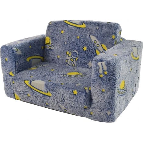 Klappbares Kinder Sofa Leuchtend mit Astronauten und Raketenmotiv aus Stoff Blau Grün (1/5)
