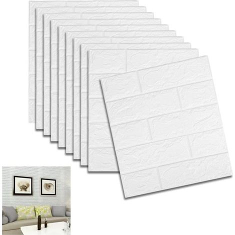 Stickers Muraux Brique 3D, 10pcs 35×38.5cm 3D Brique de Pierre Brique Fond d'écran Décoradif Imperméable, Blanc (1/3)