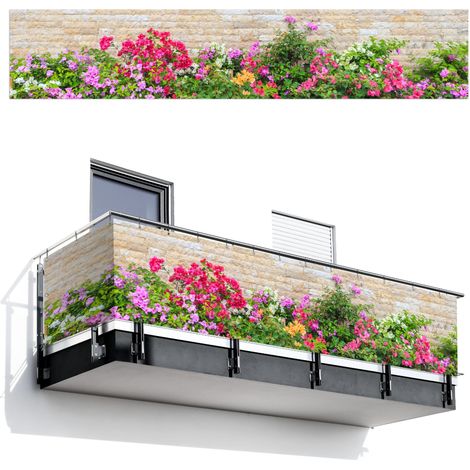 Balcony Privacy Banner Flowers - Plants - Leaves - Stones 500x95 cm