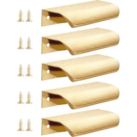 Lot de 5 poignées de placard de cuisine dorées, 80 mm, en aluminium, pour porte de placard de salle de bain, en laiton brossé (1/5)