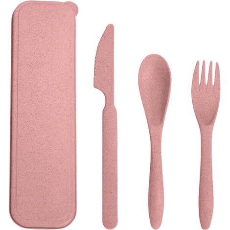 Ensemble de couverts en paille de blé, comprenant une fourchette, une cuillère et un couteau portables modernes avec boîte de rangement, idéal pour le bureau, l'école et les pique-niques, rose. (1/5)