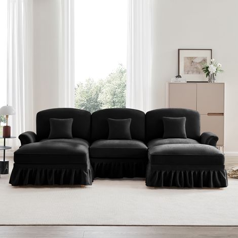Modulares 3-Sitzer-Ecksofa, U-förmiges Sofa aus Chenille-Stoff mit Hocker und abnehmbarer Schürze, 272x140x93 cm – Bequemes und modernes Sofa für Ihr Wohnzimmer – Schwarz