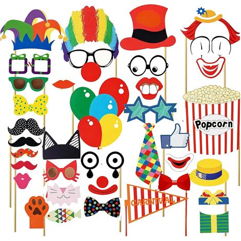 Ensemble de Décoration Cirque 36 Pièces pour Carnaval & Fête – y Compris Accessoires Photo, Masques, Chapeaux, Lunettes & Moustaches – Parfaite Décoration Cirque pour Anniversaire