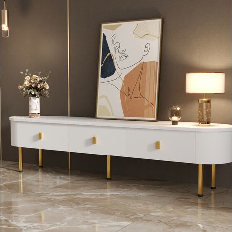 Mobile TV 174x35x41 cm bianco e oro in MDF con 3 cassetti e angoli arrotondati (1/5)