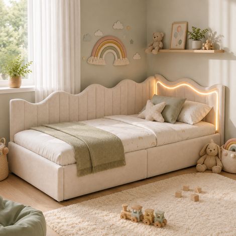 Lit coffre 90x200 cm avec sommier, lit adult simple avec rangement hydraulique, lit banquette en velours, tête de lit avec LED + USB, cadre métal, pour ado chambre moderne (1/5)